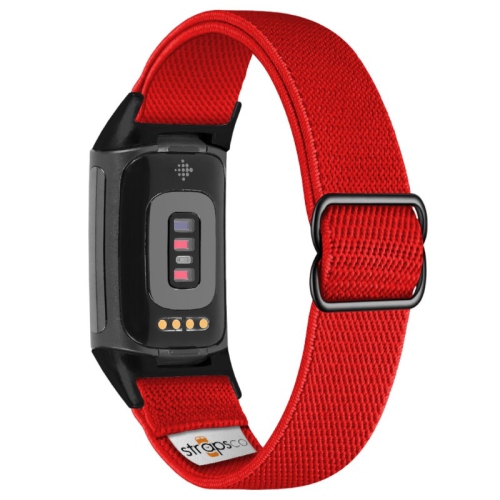 STRAPSCO  Nylon Stretch Band for Fitbit Charge 5 - - Black Adapter In Red