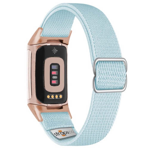 Nylon Stretch Band for Fitbit Charge 5 - Light Blue - Rose Gold Adapter