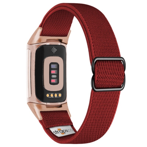 Nylon Stretch Band for Fitbit Charge 5 - Dark Red - Rose Gold Adapter