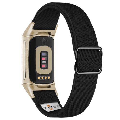 Nylon Stretch Band for Fitbit Charge 5 - Black - Champagne Gold Adapter