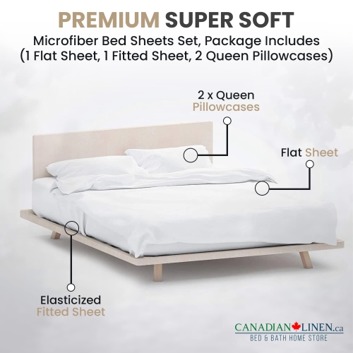 Canadian Linen Microfiber Bedsheet Set, King Size Sheet, 1 Flat 1 Fitted Sheet 2 Queen Pillowcases, Breathable Soft Brushed Microfiber Sheet, No