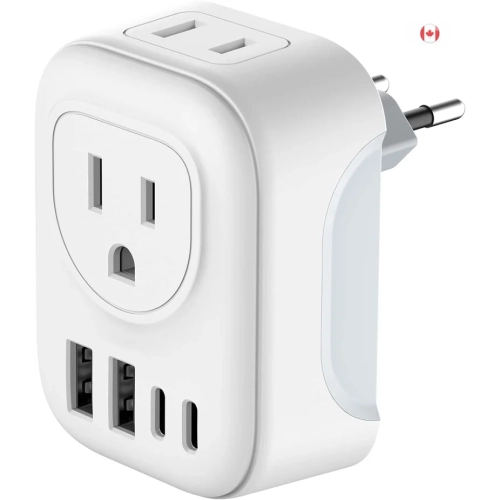 Travel Plug Adapter with 4 AC Outlets & 2 USB-C Ports – International Charger for Europe, Iceland, Spain, Italy, France, Germany, and More