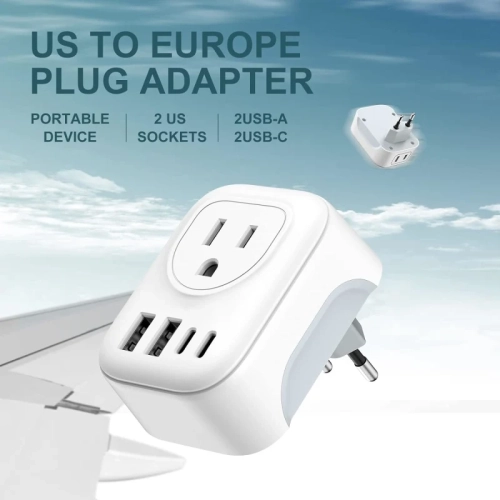 Travel Plug Adapter with 4 AC Outlets & 2 USB-C Ports – International Charger for Europe, Iceland, Spain, Italy, France, Germany, and More