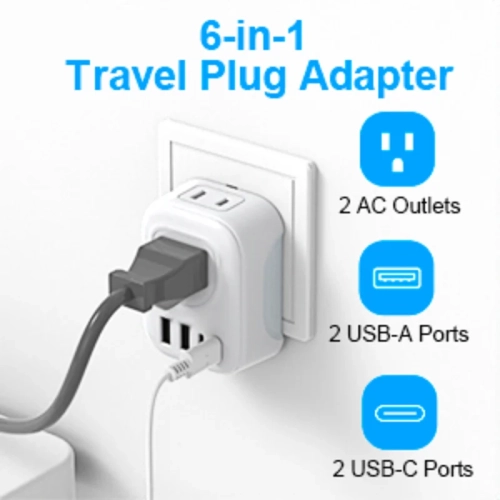 Travel Plug Adapter with 4 AC Outlets & 2 USB-C Ports – International Charger for Europe, Iceland, Spain, Italy, France, Germany, and More