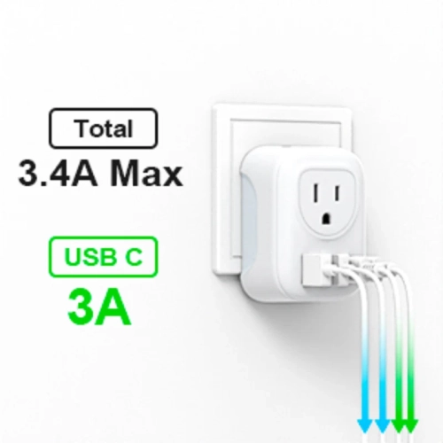 Travel Plug Adapter with 4 AC Outlets & 2 USB-C Ports – International Charger for Europe, Iceland, Spain, Italy, France, Germany, and More