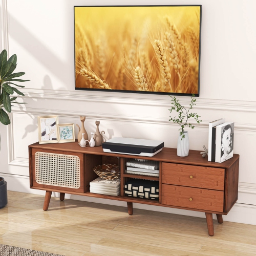 Costway Bamboo TV Stand Console Table with PE Rattan Door & 2 Drawers for TV up to 65"