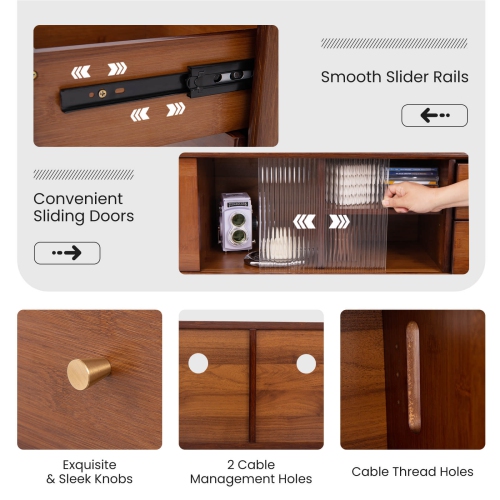 Costway Bamboo TV Stand Console Table with PE Rattan Door & 2 Drawers for TV up to 65"