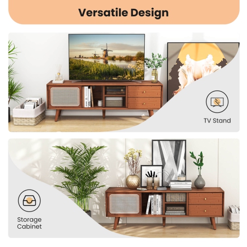 Costway Bamboo TV Stand Console Table with PE Rattan Door & 2 Drawers for TV up to 65"