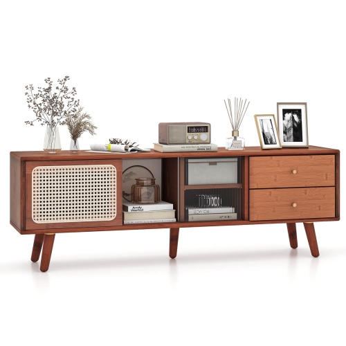Costway Bamboo TV Stand Console Table with PE Rattan Door & 2 Drawers for TV up to 65"