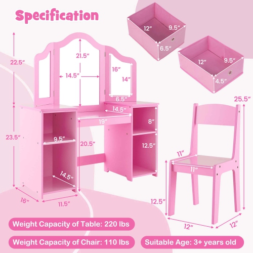 Costway Kids Vanity Table & Chair Set 2-in-1 Princess Pretend Play Makeup Vanity Set