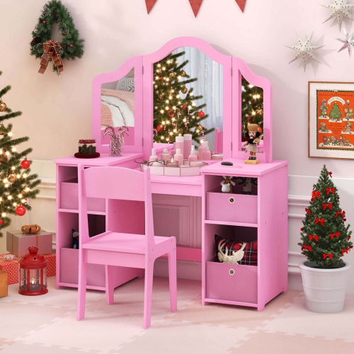 Costway Kids Vanity Table & Chair Set 2-in-1 Princess Pretend Play Makeup Vanity Set