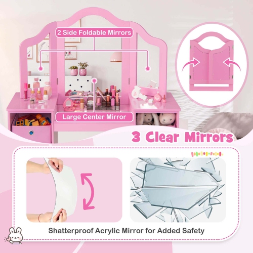 Costway Kids Vanity Table & Chair Set 2-in-1 Princess Pretend Play Makeup Vanity Set