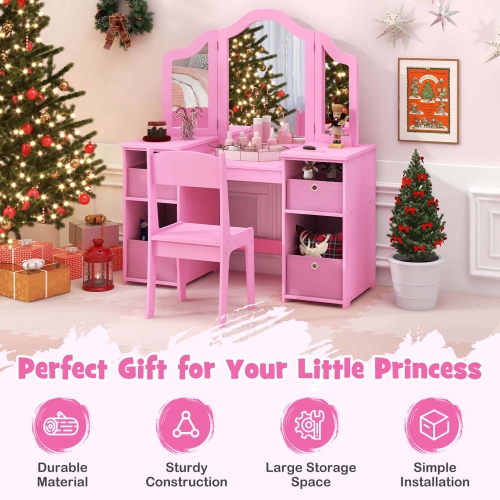 Costway Kids Vanity Table & Chair Set 2-in-1 Princess Pretend Play Makeup Vanity Set