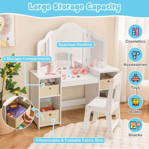 Costway Kids Vanity Table & Chair Set 2-in-1 Princess Pretend Play Makeup Vanity Set