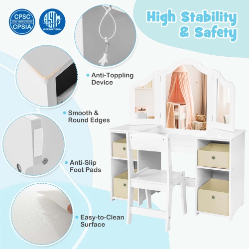 Costway Kids Vanity Table & Chair Set 2-in-1 Princess Pretend Play Makeup Vanity Set