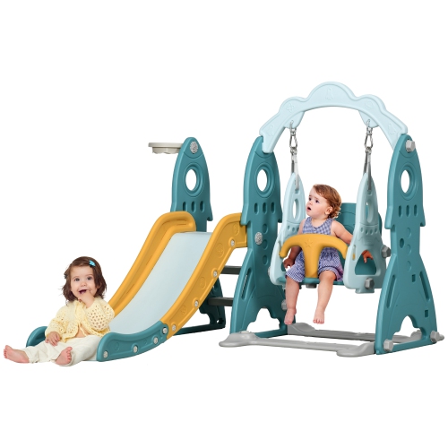 QABA  Kids Slide And Swing Set 3 In 1 Indoor Playground With Basketball Hoop, Adjustable Swing, Climber for Toddler, for Aged 1-3 Years In Light Blue