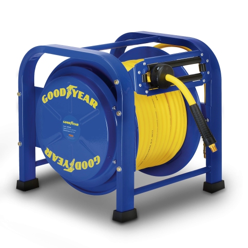 Goodyear Retractable Air Hose Reel, 3/8" x 100 Feet, 300 PSI, Spring-Driven Steel, Heavy Duty Industrial, Flex Hybrid Polymer Hose, Portable and