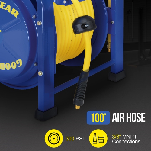 Goodyear Retractable Air Hose Reel, 3/8" x 100 Feet, 300 PSI, Spring-Driven Steel, Heavy Duty Industrial, Flex Hybrid Polymer Hose, Portable and