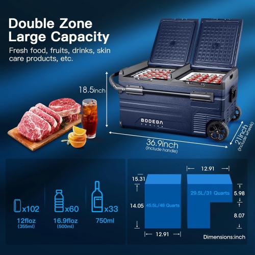 BODEGACOOLER 12 Volt Car Refrigerator, Portable Freezer, Car Fridge Dual Zone WIFI APP Control, 80 Quart(75L) -4℉-68℉Car Cooler, 12/24V DC and