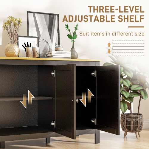 HOMCOM Sideboard Buffet Storage Cabinet, Coffee Bar Cabinet with Natural Wood Effect Top, 3 Doors and 2 Adjustable Shelves, Black