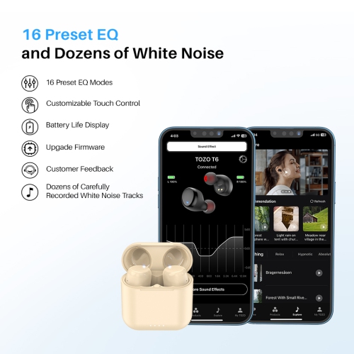 TOZO T6 mini Wireless Earbuds Bluetooth 5.3 Headphones, Ergonomic Design in-Ear Headset, 50Hrs Playtime with Wireless Charging Case, APP EQ