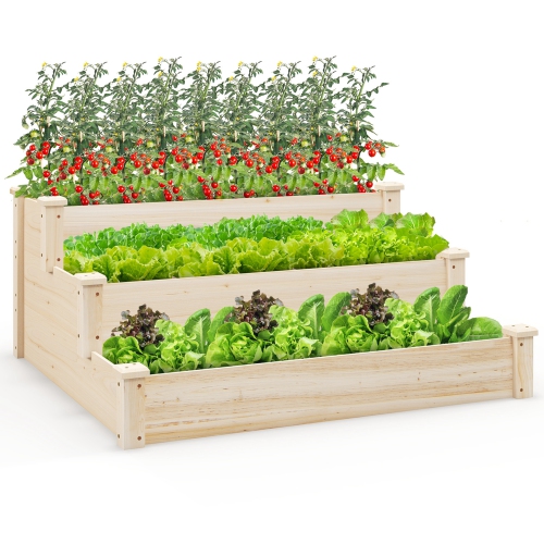 Bac de jardinage surélevé en bois à 3 niveaux avec jardinière ouverte à base ouverte de Costway pour la cour