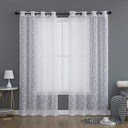 Canadian Linen 2 Panel White Leave Embroidered Transparent Sheer Decorative Window Curtain Rod Pocket Grommet/Rings Window Drapes for Living Room,