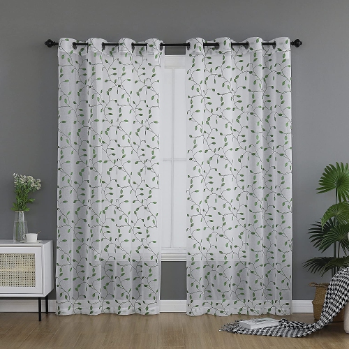 Canadian Linen 2 Panel Green Leave Embroidered Transparent Sheer Decorative Window Curtain Rod Pocket Grommet/Rings Window Drapes for Living Room,