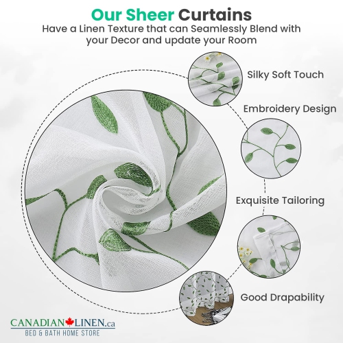 Rideaux transparents en lin de Canadian, 52 larg. X 84 long., 2 panneaux, rideaux de fenêtre transparents lavables filtrants légers, motif de