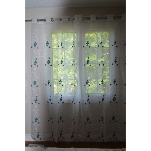 Canadian Linen 2 Panel Green Flower Embroidered Transparent Sheer Decorative Window Curtain Rod Pocket Grommet/Rings Window Drapes for Living Room,