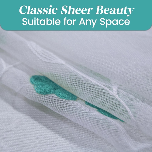 Canadian Linen Voile Sheer Curtains W 52" x L 84", 2 Panels Light Filtering Washable Sheer Window Drapes Ring Curtains, Decorative Green Flower Design