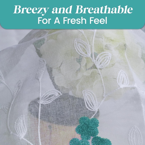 Canadian Linen Voile Sheer Curtains W 52" x L 84", 2 Panels Light Filtering Washable Sheer Window Drapes Ring Curtains, Decorative Green Flower Design