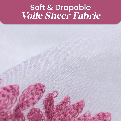 Canadian Linen Voile Sheer Curtains, W 52" x L 84", 2 Panels Light Filtering Washable Sheer Window Drapes Ring Curtains, Decorative Pink Flower Design