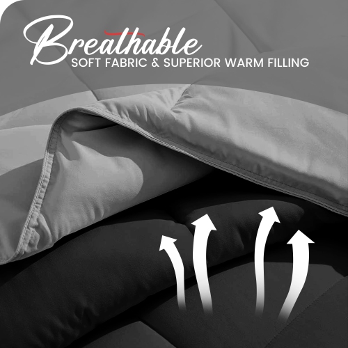 Canadian Linen Reverisble Comforter 80"x90" Down Alternative Breathable Quilted Warm Cozy Box Stitched Breathable Duvet Inserts, Grey & Black, Full