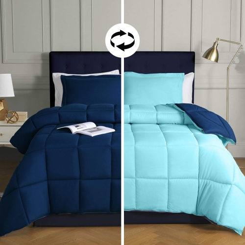 Canadian Linen All Season Full Size Blue Comforter Ultra Soft Down Alternative Breathable Duvet Insert with Corner Tabs Winter Warm Quilts Reversible