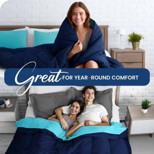 Canadian Linen Reverisble Comforter 80"x90" Ultra Soft Down Alternative Breathable Quilted Warm Box Stitched Breathable Duvet, Navy & Sky Blue, Full