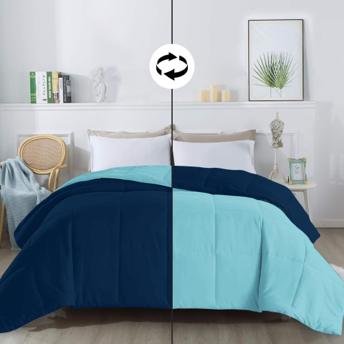 Canadian Linen Reverisble – Couvre-lit en lin synthétique, 90 x 90 po, matelassé et piqué respirant, respirant et respirant, grand lit, bleu