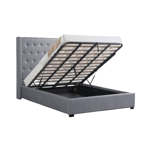 True Contemporary Saunderson Tufted Wingback Lift Up Storage Platform Bed in Grey Linen