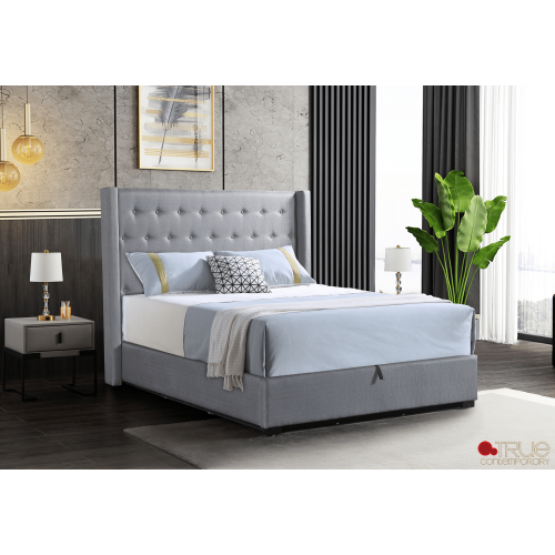 True Contemporary Saunderson Tufted Wingback Lift Up Storage Platform Bed in Grey Linen