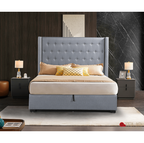 True Contemporary Saunderson Tufted Wingback Lift Up Storage Platform Bed in Grey Linen