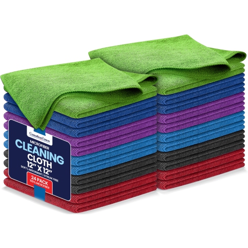 CANADIAN LINEN  Microfiber Cleaning Cloth, 24 Pack, 12"x12", Quick Dry Highly Absorbent Soft Reusable Washable Towel for Home Spa Car Mirror, Multi