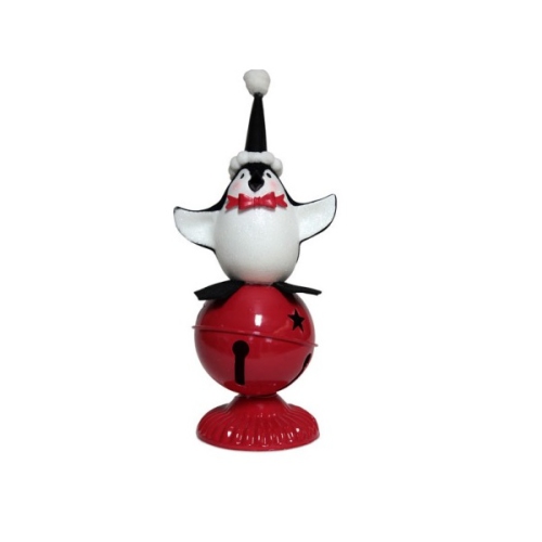 MELROSE  10.5" Playful Glitte Black And White Penquin Laying On Large Jingle Bell Christmas Table Top Decoration In Red