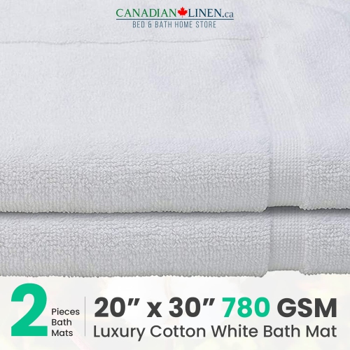 Canadian Linen Deluxe Hotel Bath Mat 780 GSM, 20x30 Inches, 2 Pack White, Soft Absorbent Non-Slip Reversible Machine Washable Shower Floor Sink Bath