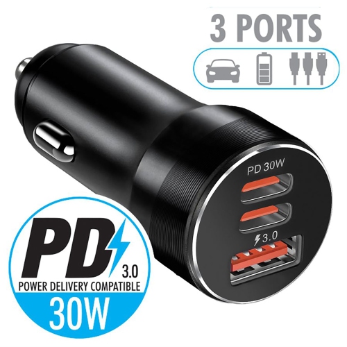 ELink – Chargeur pour l’auto avec deux ports USB de type C et un port USB-A, chargement rapide, noir