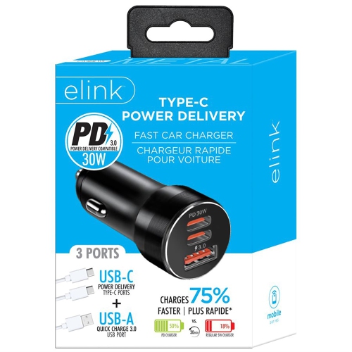 ELink – Chargeur pour l’auto avec deux ports USB de type C et un port USB-A, chargement rapide, noir