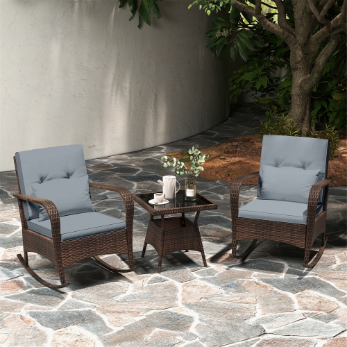 Gymax 3PCS Outdoor Rocking Set Rattan Rocker Chairs w/ Tempered Glass Coffee Table Wicker Rocker Set