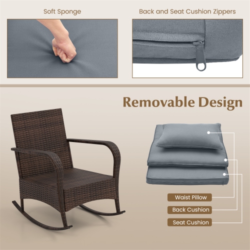 Gymax 3PCS Outdoor Rocking Set Rattan Rocker Chairs w/ Tempered Glass Coffee Table Wicker Rocker Set