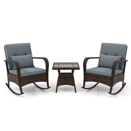 Gymax 3PCS Outdoor Rocking Set Rattan Rocker Chairs w/ Tempered Glass Coffee Table Wicker Rocker Set