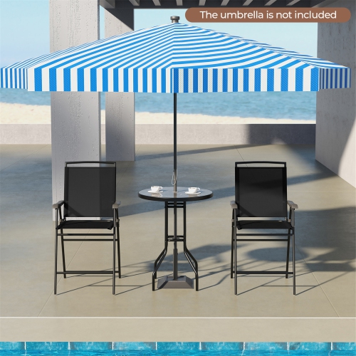 Gymax 3 PCS Outdoor Bar Stool Set w/ DPC Tabletop Umbrella Hole & Footrest 2 Chairs