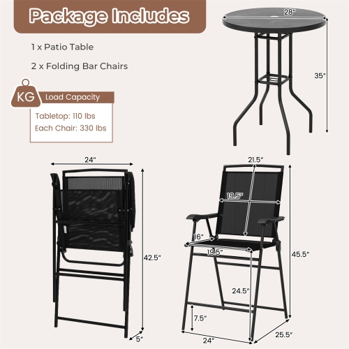 Gymax 3 PCS Outdoor Bar Stool Set w/ DPC Tabletop Umbrella Hole & Footrest 2 Chairs